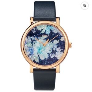 Timex Womens Crystal Bloom Blue/Rose Gold Floral Watch, navy Leather Strap WORKS